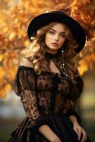 European woman in emotional dynamic pose on autumn background AI Generative photo