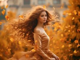 European woman in emotional dynamic pose on autumn background AI Generative photo