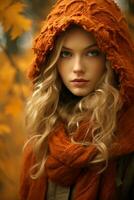 European woman in emotional dynamic pose on autumn background AI Generative photo