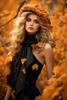 European woman in emotional dynamic pose on autumn background AI Generative photo