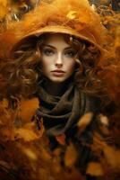 European woman in emotional dynamic pose on autumn background AI Generative photo