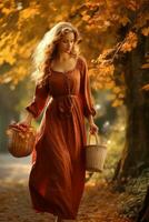 European woman in emotional dynamic pose on autumn background AI Generative photo