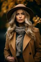 European woman in emotional dynamic pose on autumn background AI Generative photo