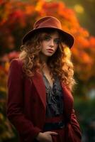 European woman in emotional dynamic pose on autumn background AI Generative photo
