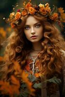 European woman in emotional dynamic pose on autumn background AI Generative photo