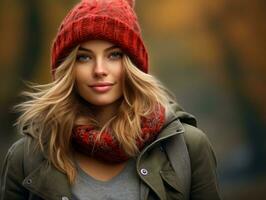 European woman in emotional dynamic pose on autumn background AI Generative photo
