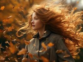 European woman in emotional dynamic pose on autumn background AI Generative photo