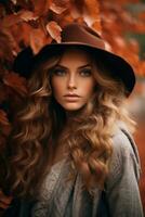 European woman in emotional dynamic pose on autumn background AI Generative photo