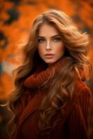 European woman in emotional dynamic pose on autumn background AI Generative photo