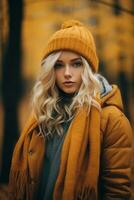 European woman in emotional dynamic pose on autumn background AI Generative photo