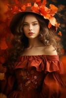 European woman in emotional dynamic pose on autumn background AI Generative photo