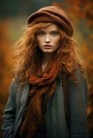 European woman in emotional dynamic pose on autumn background AI Generative photo