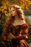 European woman in emotional dynamic pose on autumn background AI Generative photo