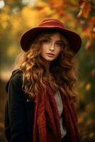 European woman in emotional dynamic pose on autumn background AI Generative photo