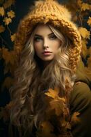 European woman in emotional dynamic pose on autumn background AI Generative photo