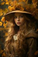 European woman in emotional dynamic pose on autumn background AI Generative photo