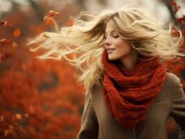 European woman in emotional dynamic pose on autumn background AI Generative photo