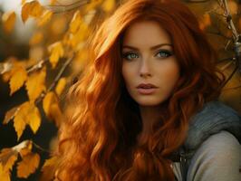 European woman in emotional dynamic pose on autumn background AI Generative photo