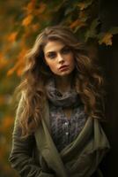 European woman in emotional dynamic pose on autumn background AI Generative photo