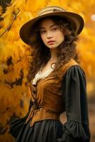 European woman in emotional dynamic pose on autumn background AI Generative photo