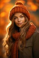 European woman in emotional dynamic pose on autumn background AI Generative photo