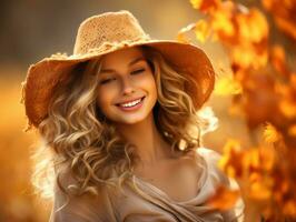 European woman in emotional dynamic pose on autumn background AI Generative photo