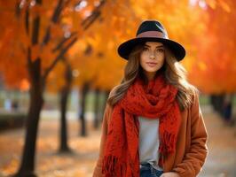 europeo mujer en emocional dinámica actitud en otoño antecedentes ai generativo foto