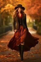 European woman in emotional dynamic pose on autumn background AI Generative photo