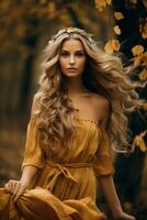 European woman in emotional dynamic pose on autumn background AI Generative photo