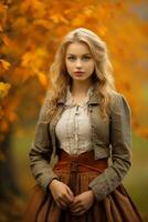 European woman in emotional dynamic pose on autumn background AI Generative photo