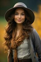 European woman in emotional dynamic pose on autumn background AI Generative photo