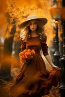 European woman in emotional dynamic pose on autumn background AI Generative photo