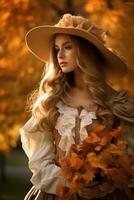 European woman in emotional dynamic pose on autumn background AI Generative photo