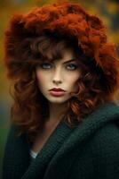 European woman in emotional dynamic pose on autumn background AI Generative photo
