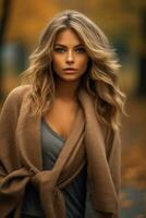 European woman in emotional dynamic pose on autumn background AI Generative photo