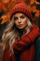 European woman in emotional dynamic pose on autumn background AI Generative photo