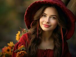 European woman in emotional dynamic pose on autumn background AI Generative photo