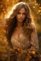 European woman in emotional dynamic pose on autumn background AI Generative photo