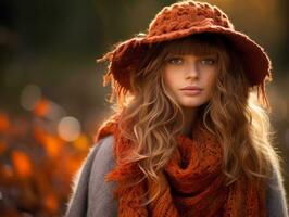 europeo mujer en emocional dinámica actitud en otoño antecedentes ai generativo foto