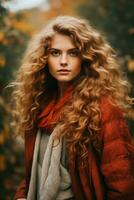 European woman in emotional dynamic pose on autumn background AI Generative photo