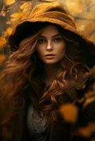 European woman in emotional dynamic pose on autumn background AI Generative photo