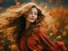 European woman in emotional dynamic pose on autumn background AI Generative photo