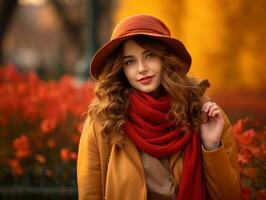 European woman in emotional dynamic pose on autumn background AI Generative photo