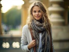 europeo mujer en emocional dinámica actitud en otoño antecedentes ai generativo foto