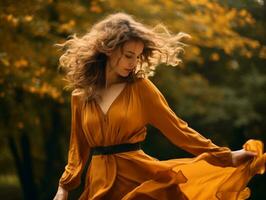 European woman in emotional dynamic pose on autumn background AI Generative photo