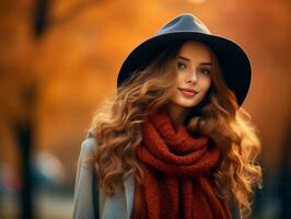 europeo mujer en emocional dinámica actitud en otoño antecedentes ai generativo foto