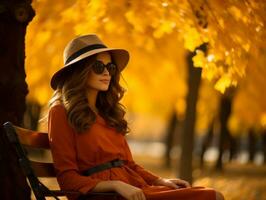 European woman in emotional dynamic pose on autumn background AI Generative photo