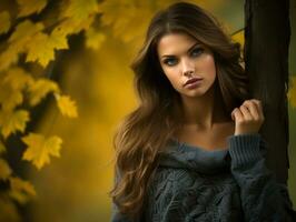 European woman in emotional dynamic pose on autumn background AI Generative photo