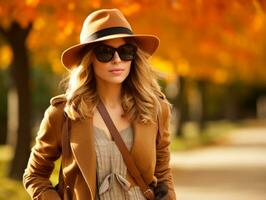 europeo mujer en emocional dinámica actitud en otoño antecedentes ai generativo foto