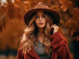 European woman in emotional dynamic pose on autumn background AI Generative photo